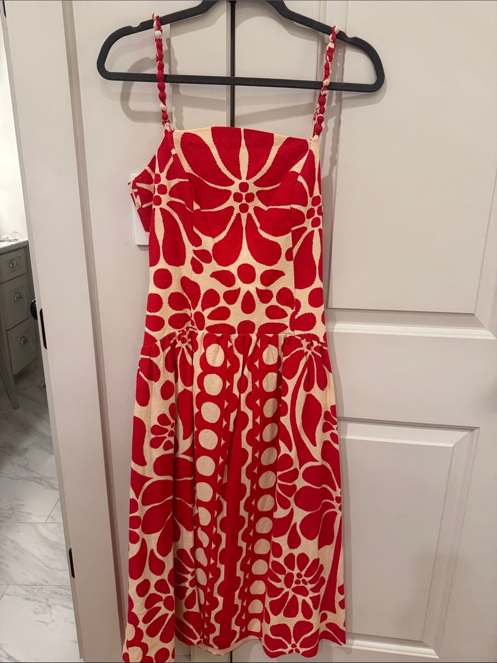 Christian Lacroix Red & Cream Floral Midi Dress with Braided Straps